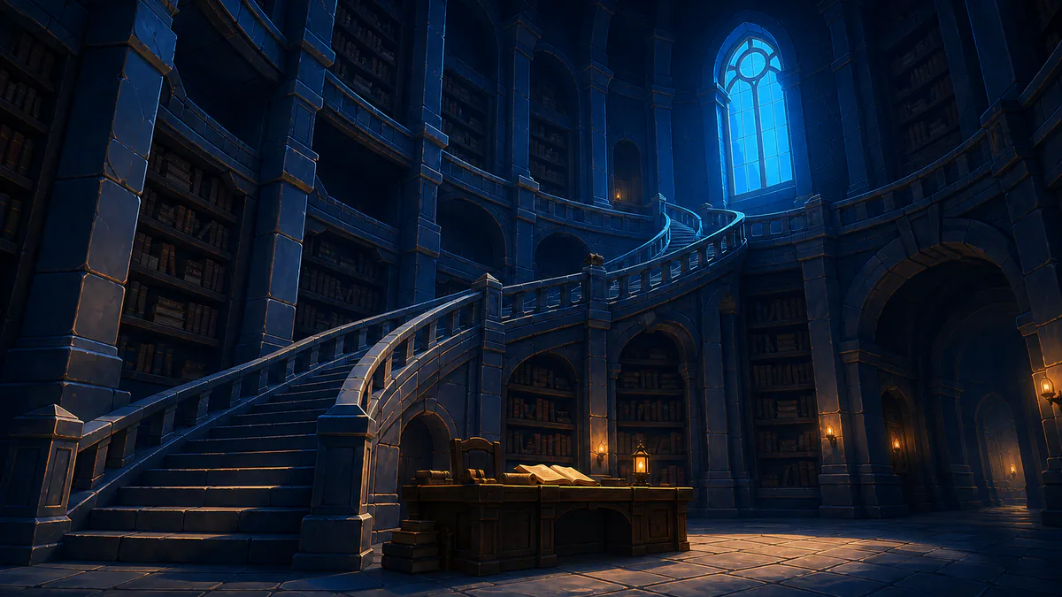 A monumental blue-and-gold fantasy guild library with a sweeping staircase